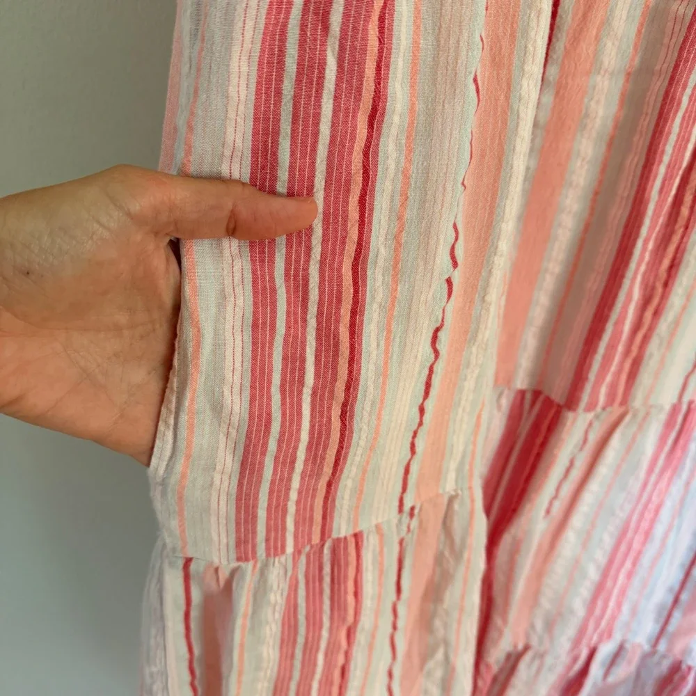 J. Jill Pink Striped Tiered Cotton Midi Dress Sleeveless Large Beach Breezy - Picture 4 of 6